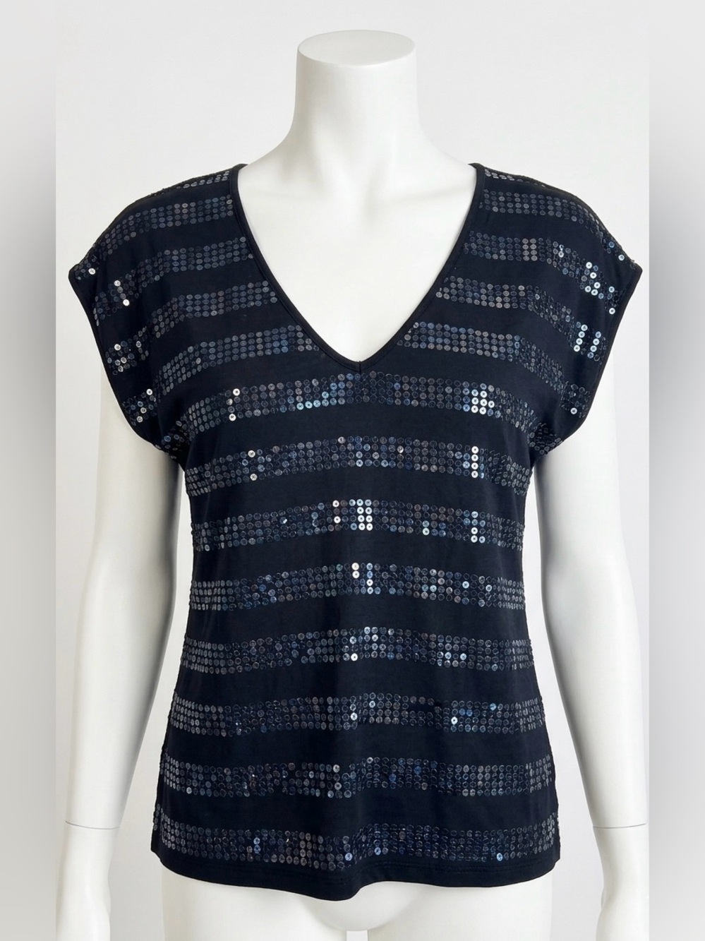 Old Navy Black Sequin Striped V-Neck Short Sleeve Top